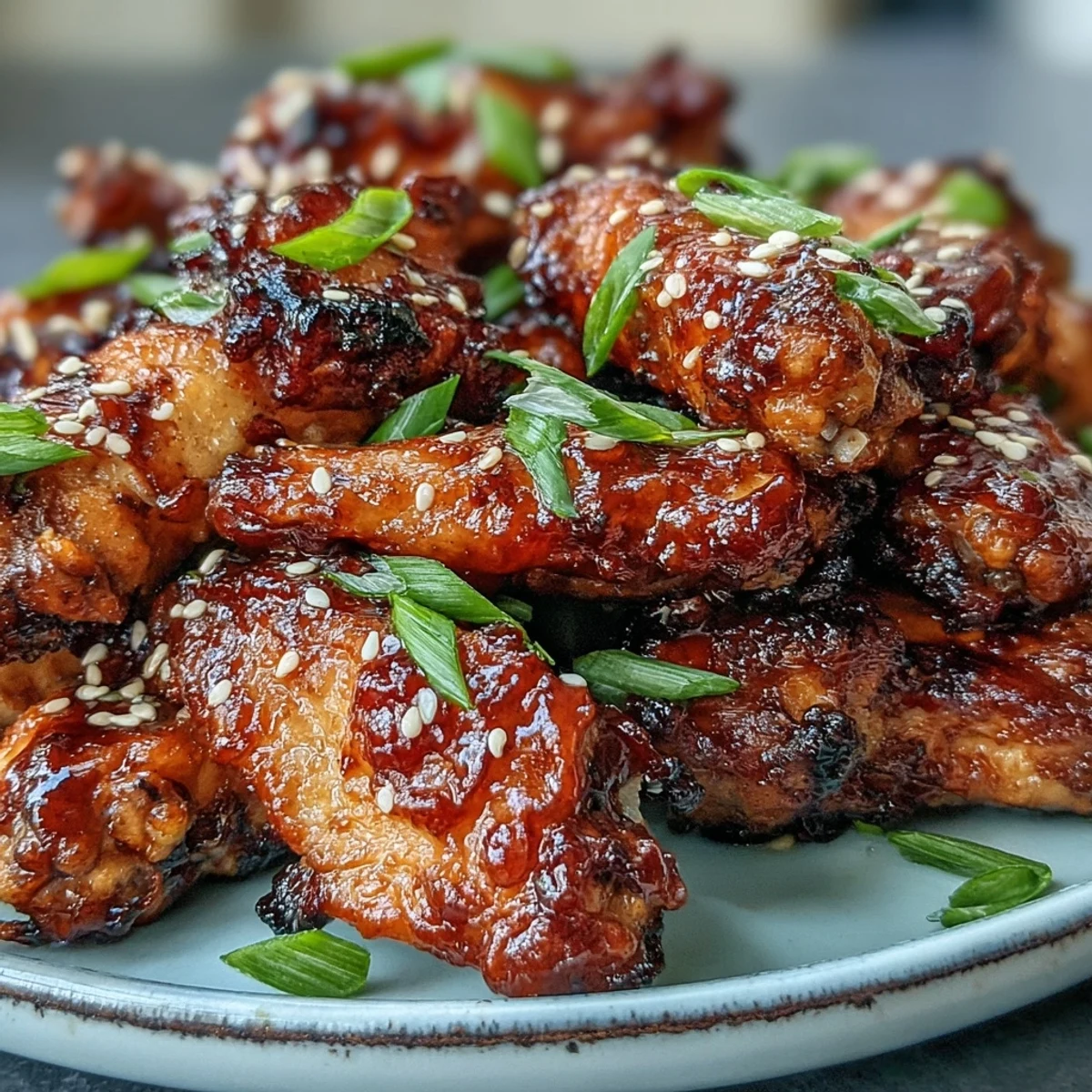 Glossy Coca Cola Chicken Wings rest on a white platter, garnished with green scallions and sesame seeds, ready to share.