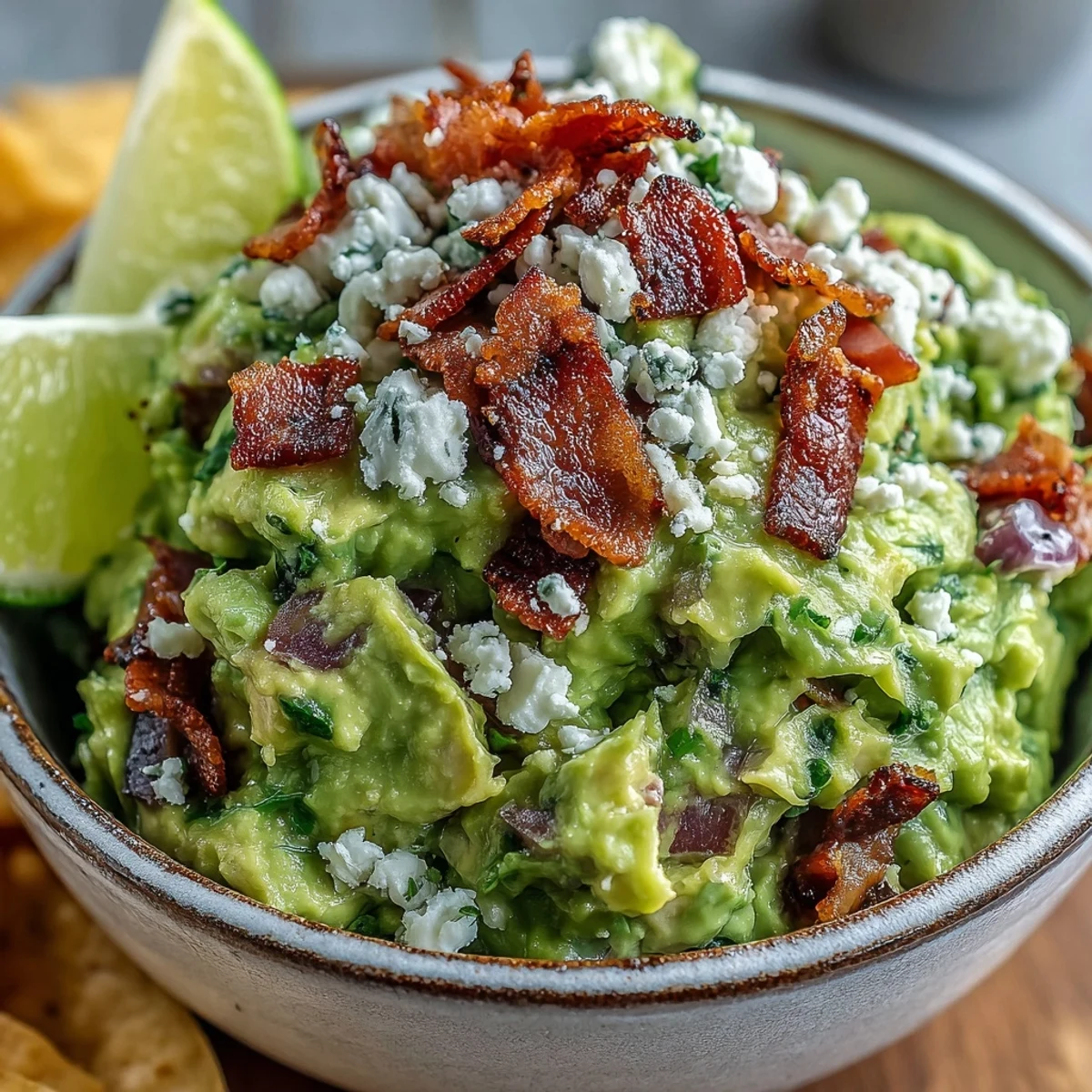 Bright bowl of Bacon Guacamole With Cotija Cheese topped with extra Cotija, cilantro, and lime wedges, ready for a party platter or game day snack.