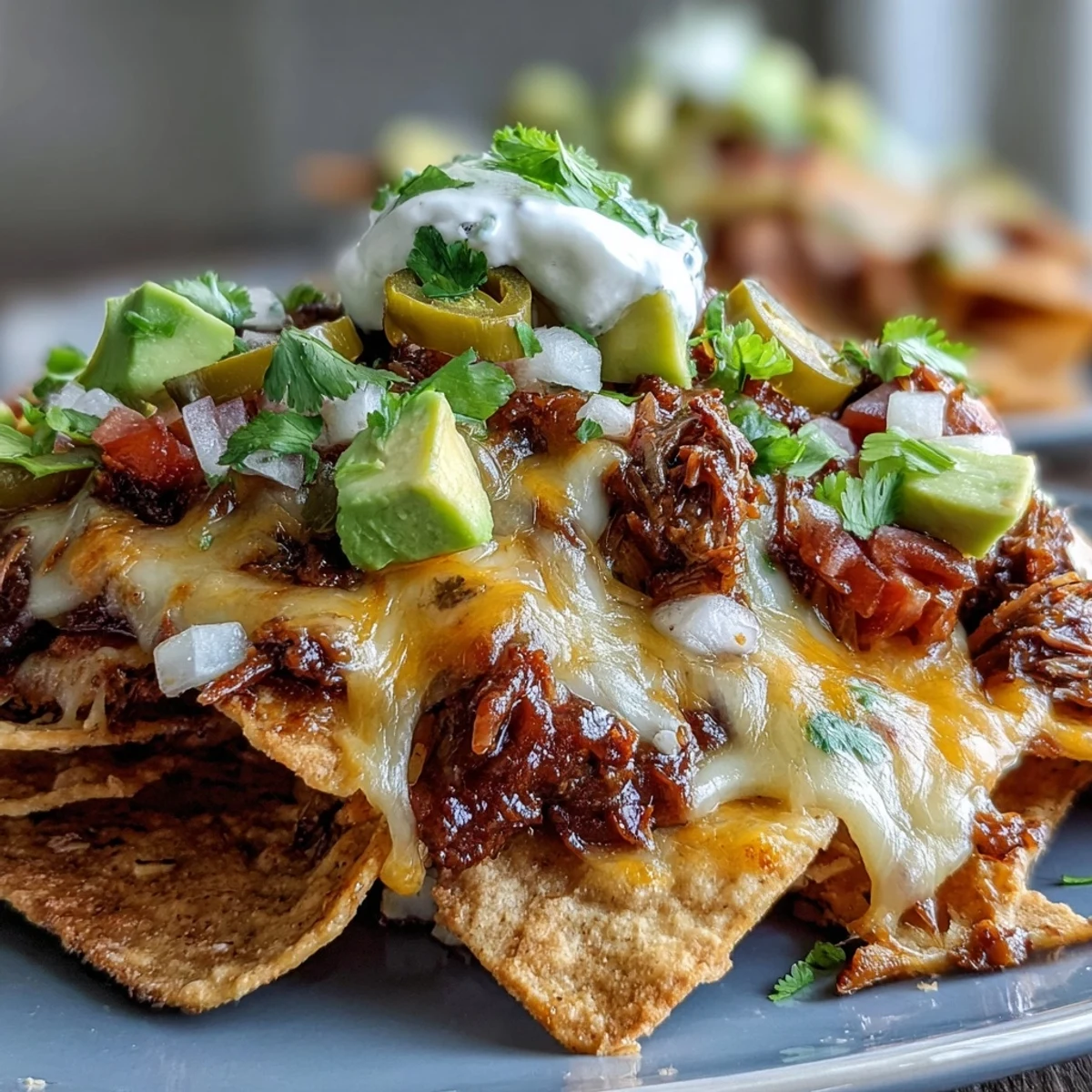 Golden nachos loaded with tangy barbecue beef, creamy avocado, pickled jalapeños, and a sprinkle of fresh cilantro.