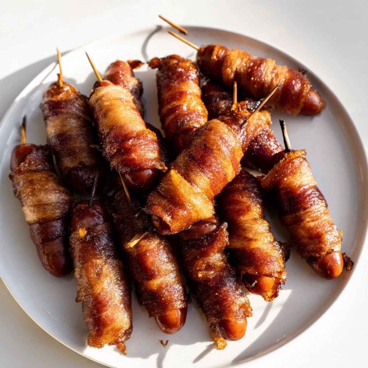 Crispy, caramelized 3-Ingredient Bacon-Wrapped Smokies, a perfect appetizer for your next party.
