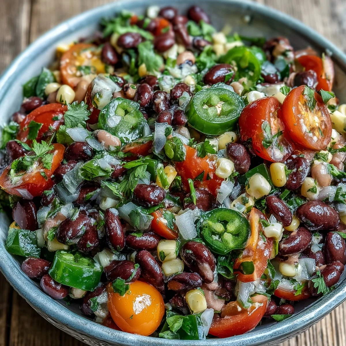 Colorful Cowboy Caviar in a white bowl, featuring black beans, corn, red onion, and bell peppers with fresh cilantro.  