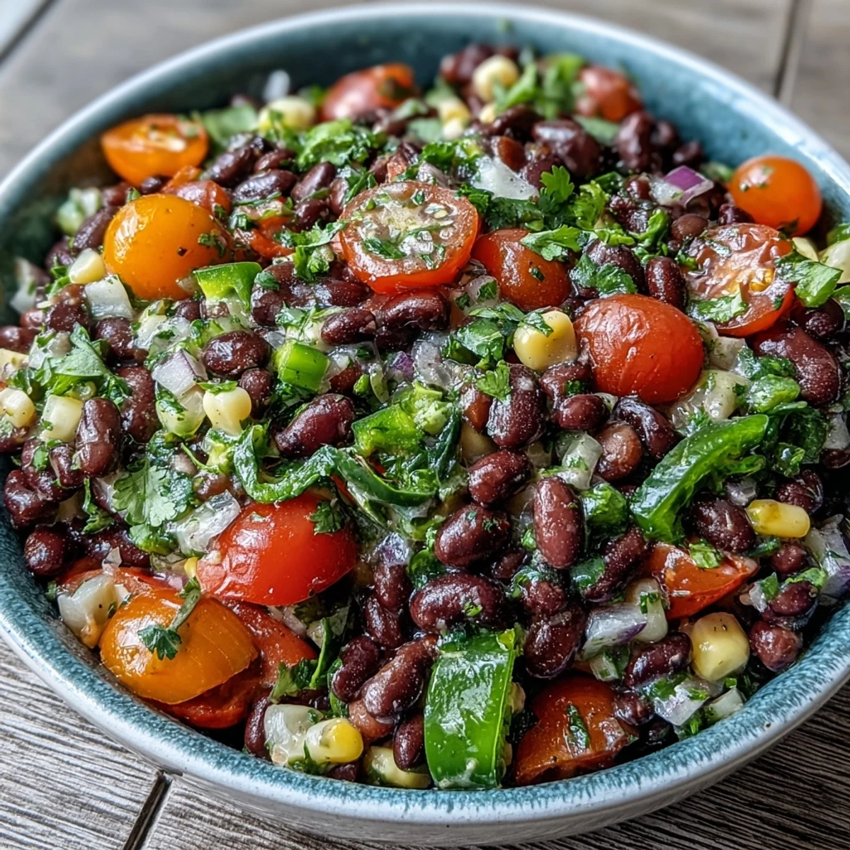 Freshly made Cowboy Caviar with vibrant beans, tomatoes, and jalapeños in a tangy lime dressing, ready to serve.