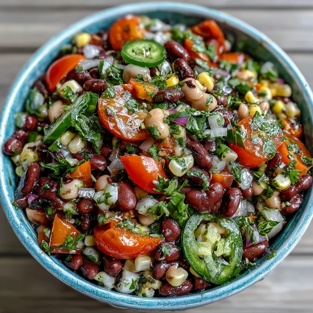 A close-up of zesty Cowboy Caviar salad, served with crunchy tortilla chips for dipping at a summer party.  