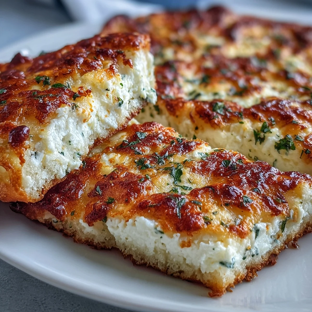 Golden-brown Fluffy Cottage Cheese Flatbread bubbling in a skillet with flecks of fresh green herbs.