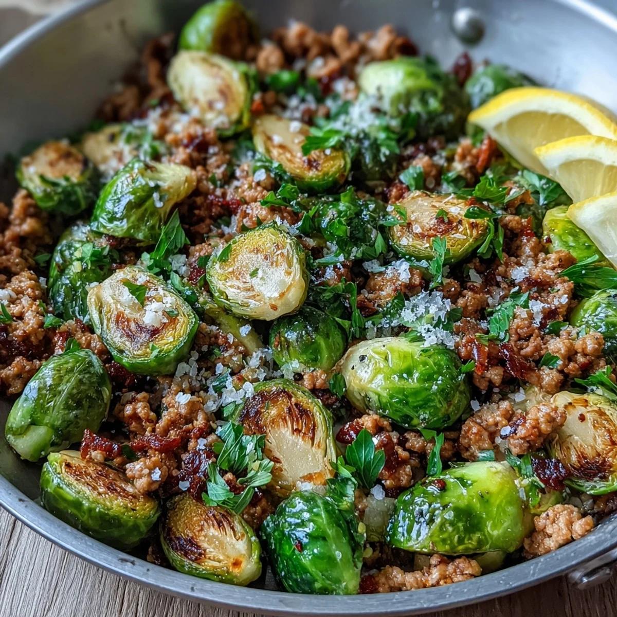Steam-blistered Brussels sprouts and browned ground turkey share a sizzling skillet with onions, garlic, and a bright squeeze of lemon juice.