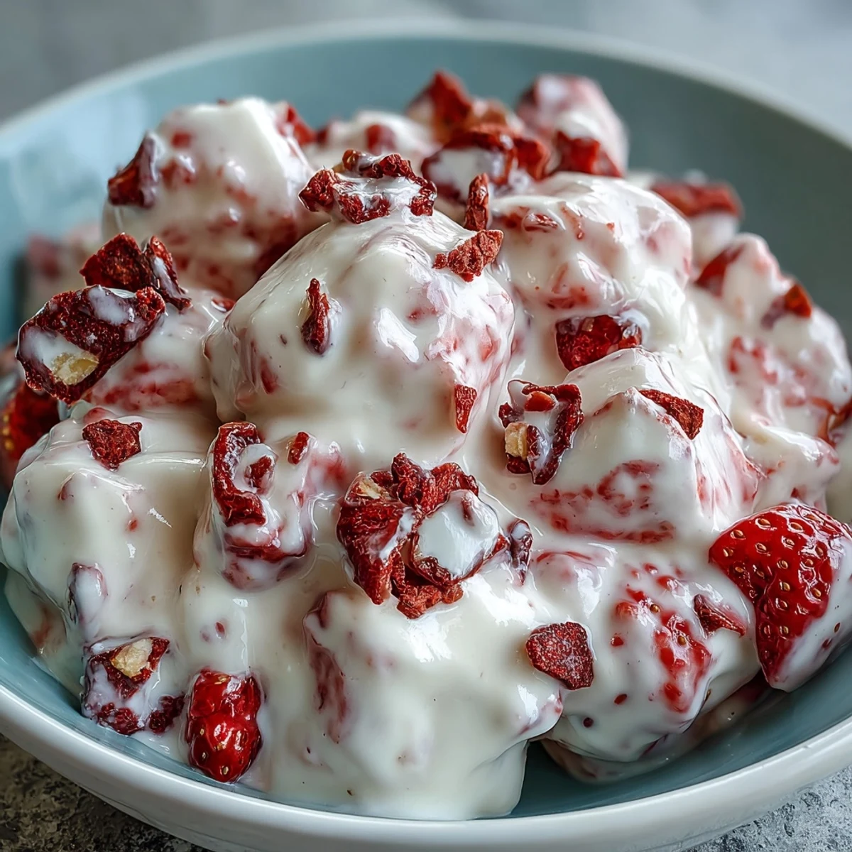 Strawberry & Banana Yoghurt Clusters ready to eat, offering a creamy frozen bite with crunchy freeze-dried fruit. 