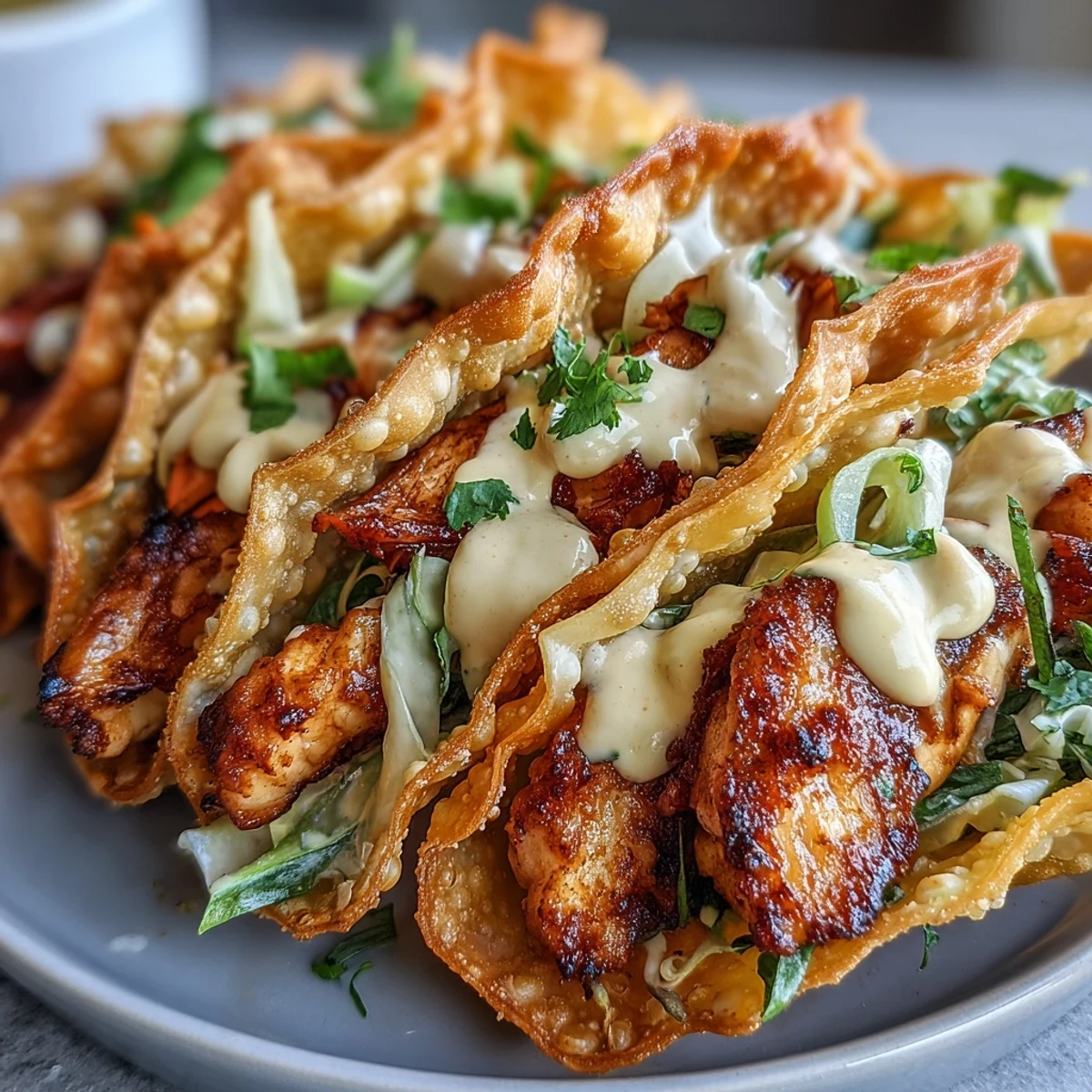 Assembled Crispy Chicken Wonton Tacos on a plate with lime wedges, ready for a spicy dinner.