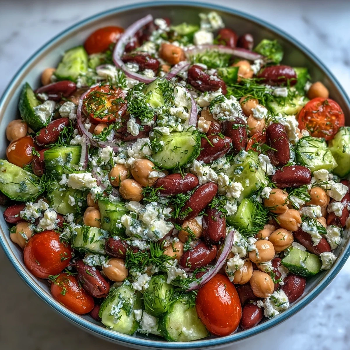 Zesty lemon-oregano marinated beans tossed with crunchy vegetables and fresh herbs in a large serving bowl.