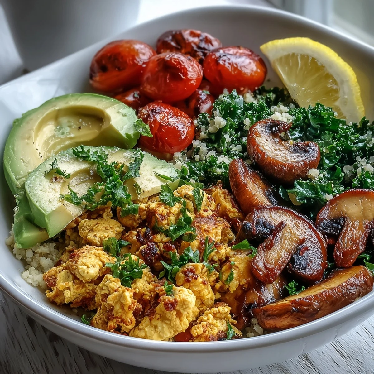 Steamed whole wheat couscous forms the base for this vibrant Scrambled Tofu Breakfast Bowl with sautéed kale.