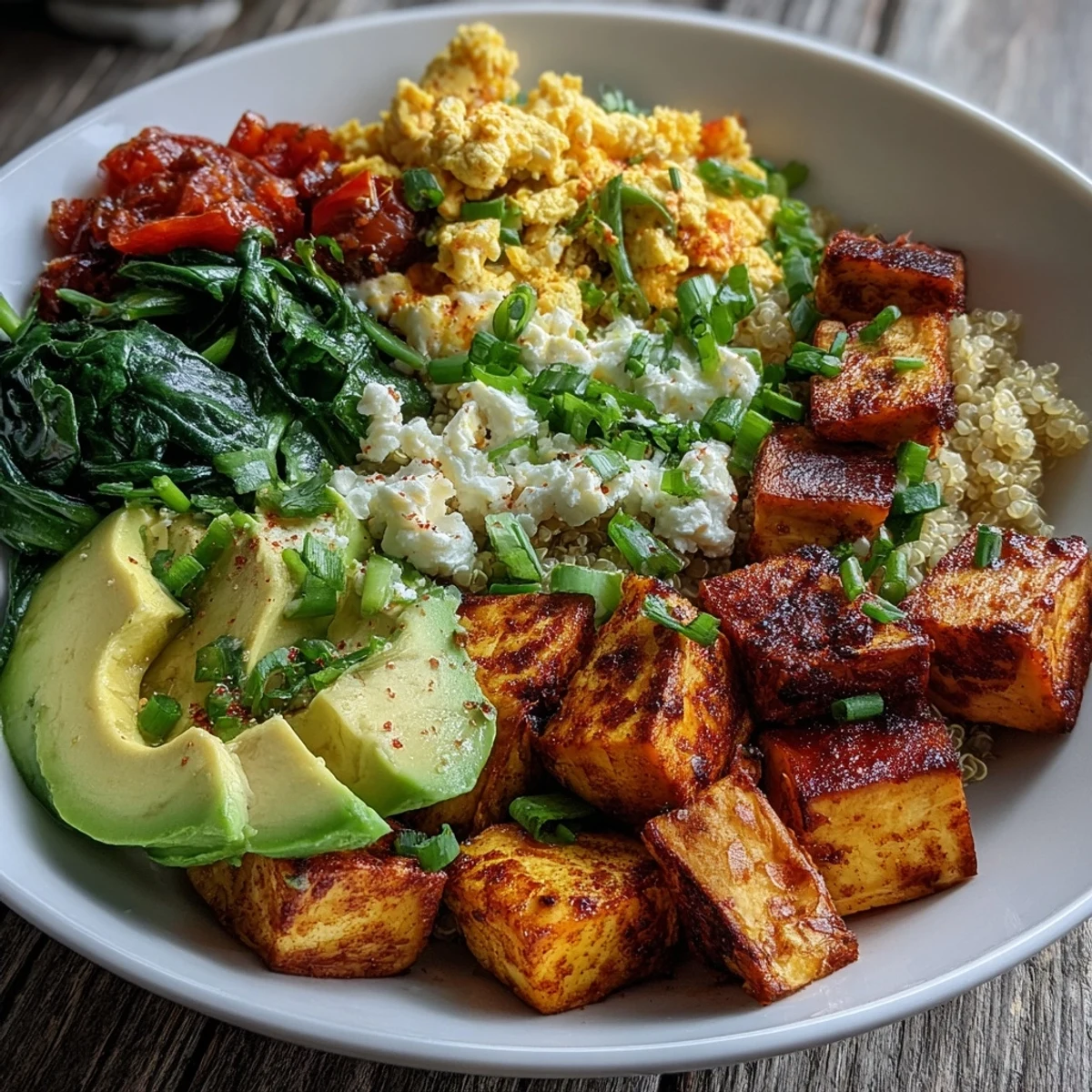 Savory golden tofu scramble in a Tofu Scramble Vegan Breakfast Bowl, topped with fresh green onions and herbs.