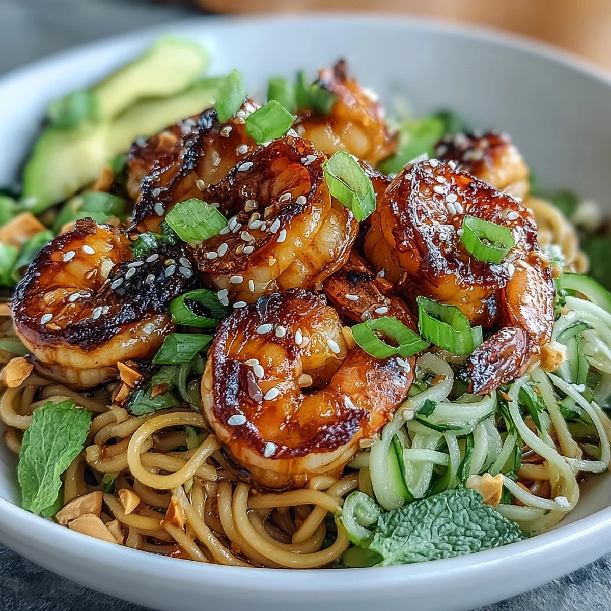 Freshly grilled shrimp, glistening with char, served over chilled sesame egg noodles in a vibrant Asian noodle bowl garnished with cucumber and avocado.