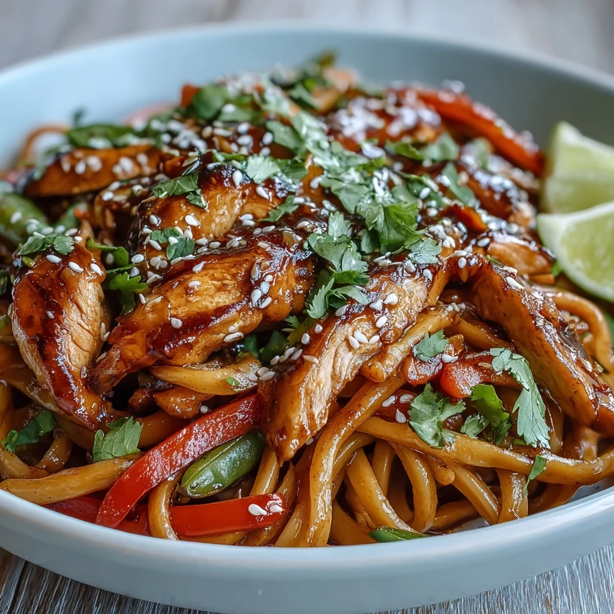 Close-up of a Sesame Chicken Noodle Bowl with udon, red bell pepper, carrots, and snap peas tossed in glossy sauce.