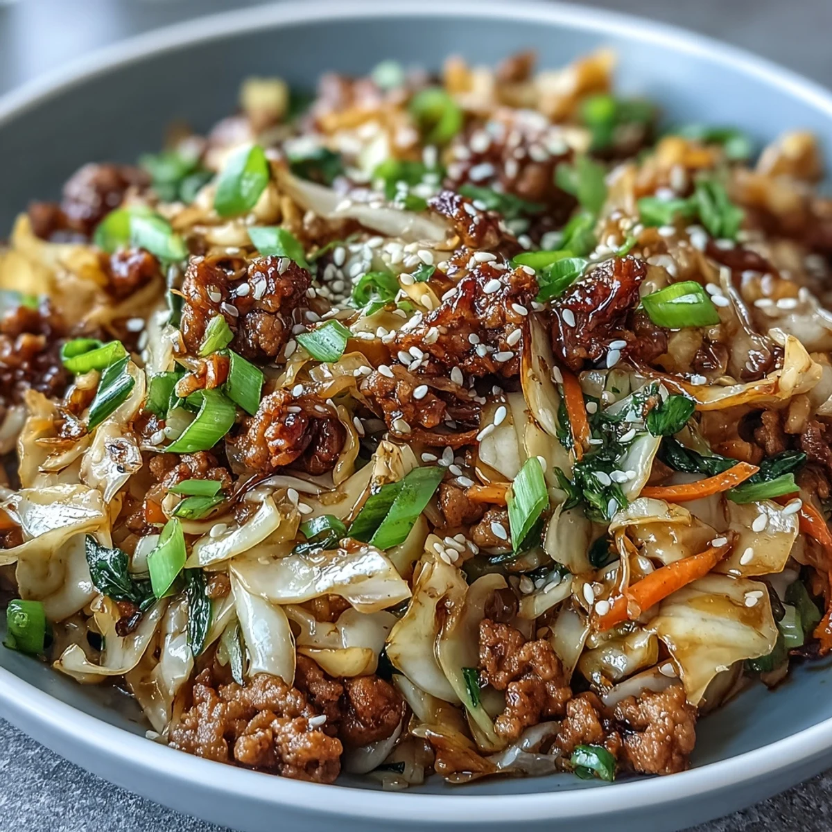 Savory Egg Roll in a Bowl served over steamed rice with extra green onions and a drizzle of sriracha.