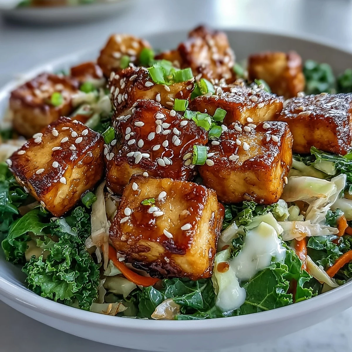 A close-up view of a finished Tofu Egg Roll in a Bowl served in a ceramic bowl, featuring sautéed tofu and fresh greens glistening with savory sauce.