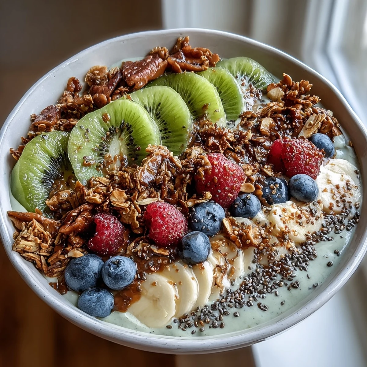 Overhead view of a Hojicha Smoothie Bowl in a ceramic dish, garnished with chia seeds and coconut flakes on a rustic table.