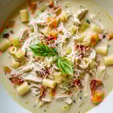 A bowl of savory Marry Me Chicken Soup, made with sun-dried tomatoes and fresh basil.