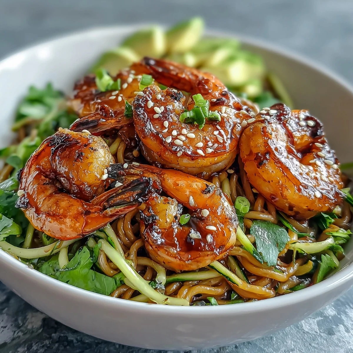 Colorful Grilled Shrimp Asian Noodle Bowl topped with crunchy peanuts, bean sprouts, and lime wedges, ready to serve on a rustic wooden table.