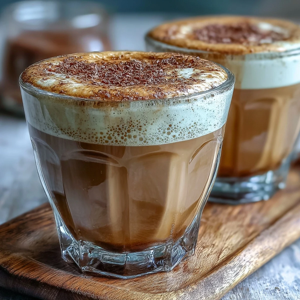 Warm hojicha cappuccino topped with fluffy foam dusted in matcha powder, beside a small Japanese sweet on a wooden tray.