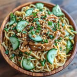 Savory peanut sesame noodles topped with fresh cucumber and crunchy peanuts.
