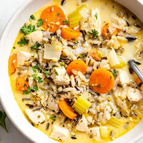 Steaming bowl of Quick Chicken and Wild Rice Soup, garnished with parsley, ready to warm you up.