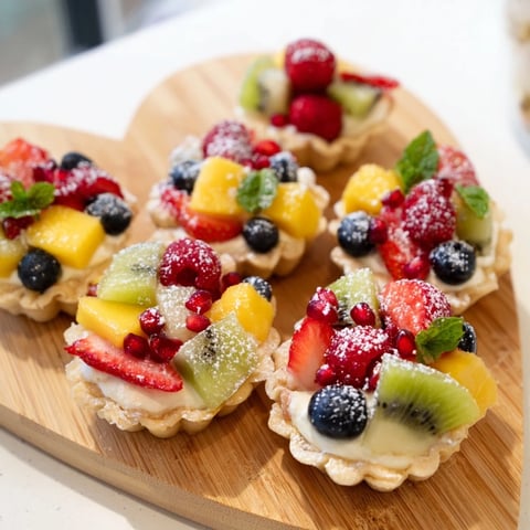 Heart-Shaped Fruit Tart Board, bursting with fresh berries and cream, a delicious Valentine's dessert.
