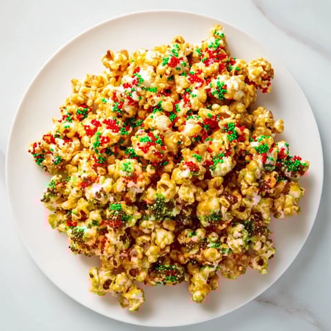 Sweet Popcorn Piles scattered with festive red and green sprinkles, a colorful holiday treat.