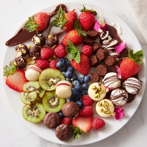 A dazzling dessert board showcasing The Sweet Dessert Decadence, drizzled chocolate and vibrant fruits.