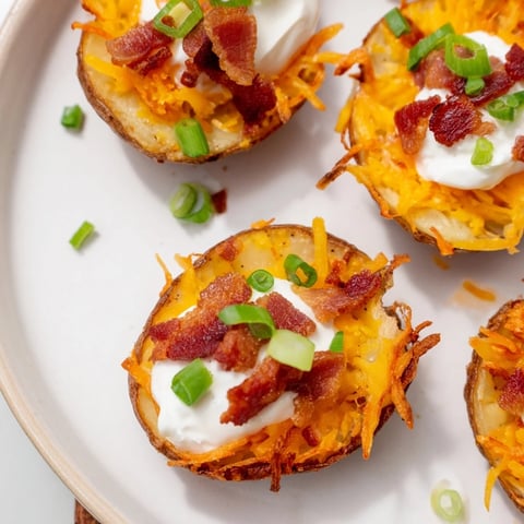 Golden, cheesy Loaded Baked Potato Skins with crumbled bacon and fresh green onions, ready to eat.