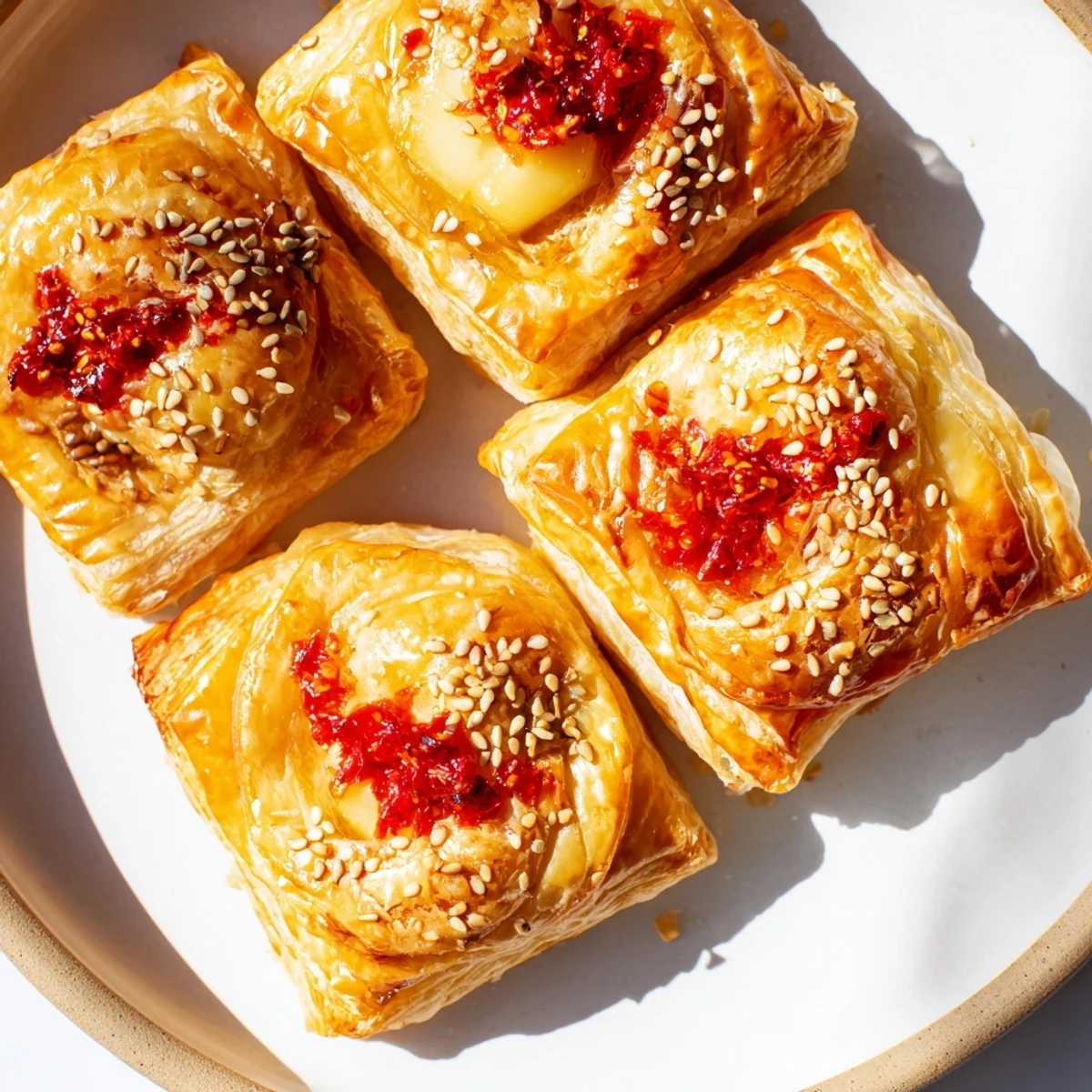 Golden-baked Chili Crisp Honey Brie Bites, showcasing flaky pastry and melted cheese, perfect for sharing.