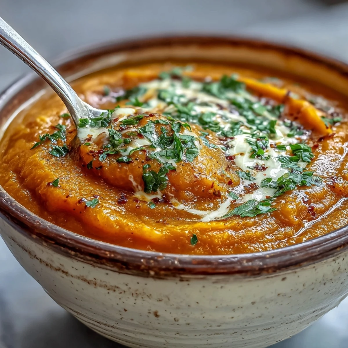 Bright orange Carrot and Lentil Soup simmering in a pot with steam rising, featuring golden carrots and red lentils in a creamy broth.