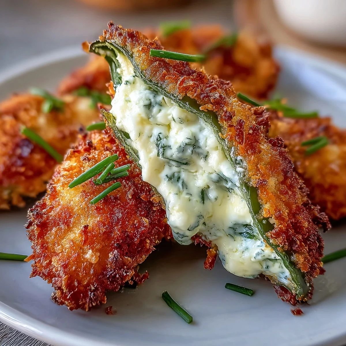 Golden, crispy Air Fryer Jalapeño Poppers with a creamy cheddar filling, garnished with fresh chives and served warm on a rustic plate.