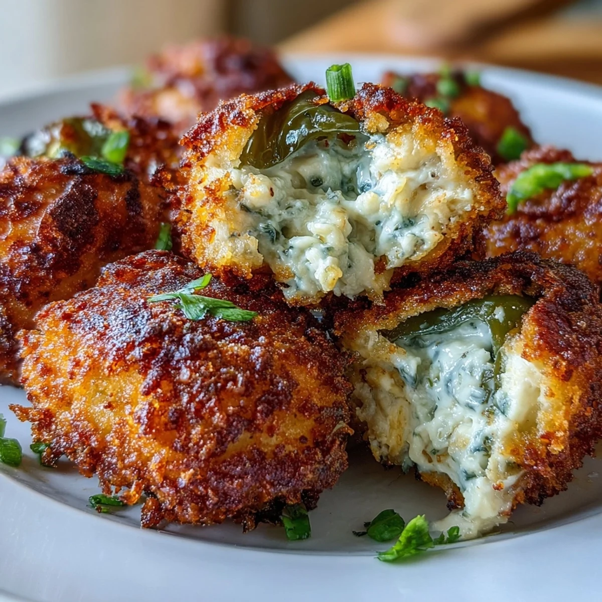 Golden-baked Cajun Crab Poppers on a serving platter, showcasing the spicy jalapeño halves filled with creamy, seasoned lump crabmeat and a crispy panko topping.  