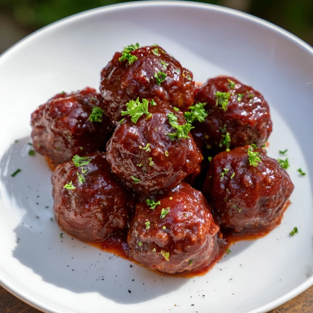 Slow cooker cherry BBQ meatballs glistening with a sweet, tangy sauce, perfect for a party appetizer.