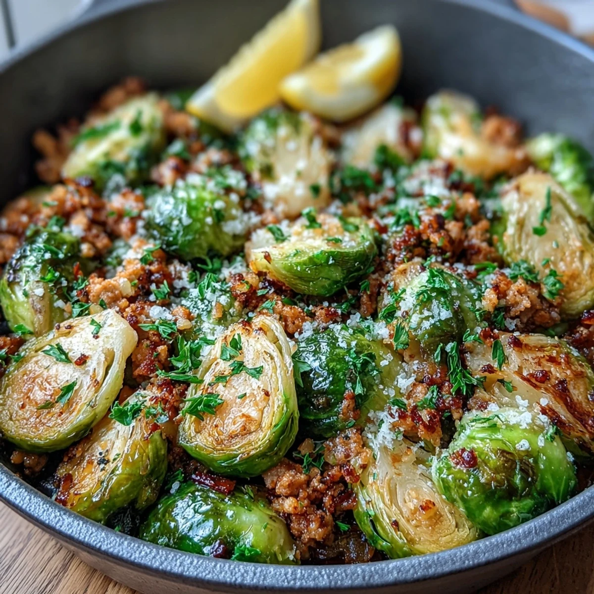 Golden-brown Brussels sprouts and savory ground turkey mingle with garlic and paprika in a rustic skillet, finished with fresh parsley and Parmesan.