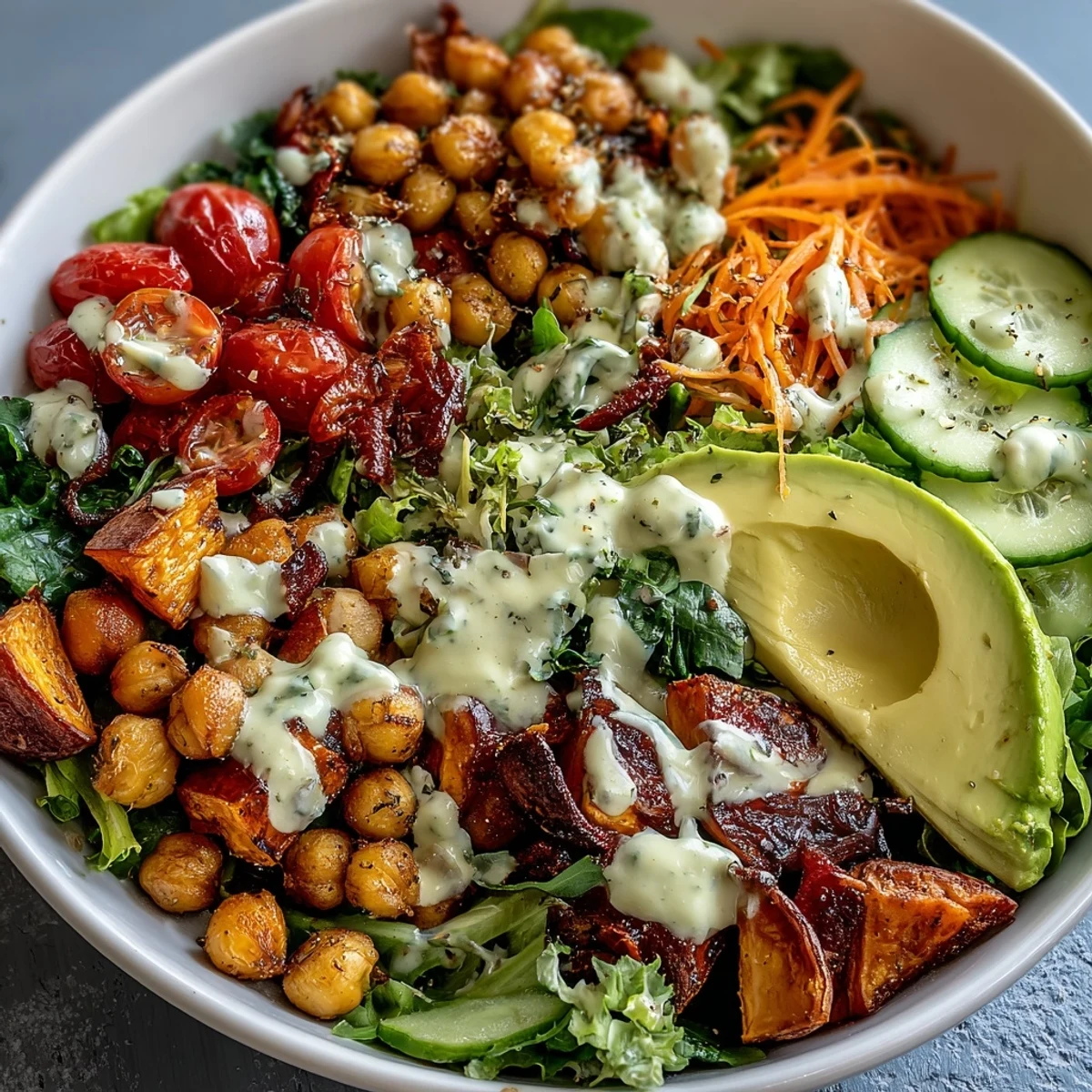 Creamy tahini dressing is generously drizzled over this colorful Breakfast Buddha Bowl filled with avocado and sweet potatoes.