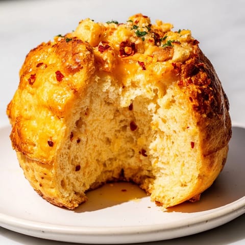 Warm and fluffy Chili Garlic Cheese Biscuit Donuts topped with aromatic garlic and chili flakes.  