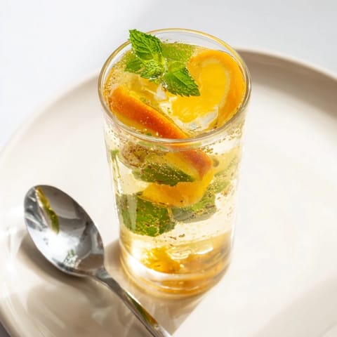 Refreshing probiotic soda mocktail garnished with orange slices and mint leaves over ice.  