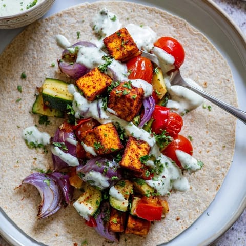 Colorful Vegan Viral Recipe re-make, featuring savory marinated tofu and zesty tahini sauce.  