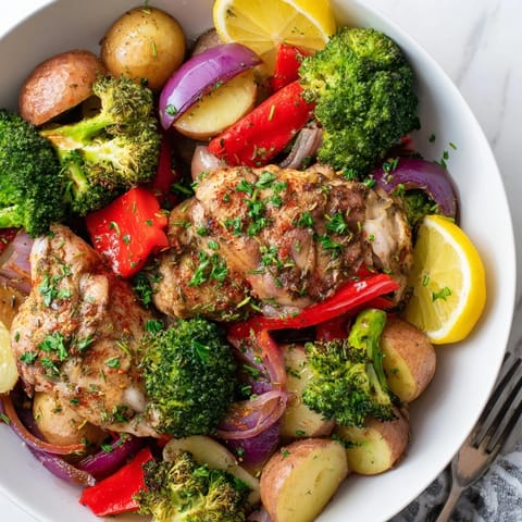 Delicious Lazy Gourmet Chicken & Vegetable One-Pot served hot with fresh parsley and lemon.  