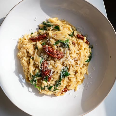 A close-up of a steaming Creamy Tuscan Orzo Bowl, inviting with visible creamy garlic sauce.