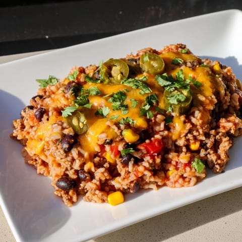 A close-up of a bubbling Tex-Mex Beef & Rice Casserole, with golden cheese and colorful bell peppers visible.