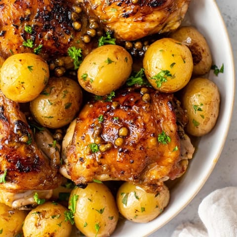 Tender Honey Mustard Chicken with wonderfully roasted potatoes, perfect for a cozy weeknight meal.