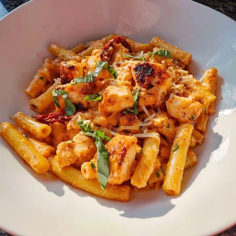 This Creamy Tomato Basil Chicken Pasta showcases perfectly cooked chicken and fresh basil nestled in the creamy sauce.