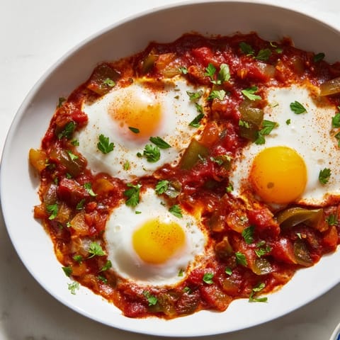 Simmering red Shakshuka, a vibrant Middle Eastern breakfast, served with fresh herbs and warm bread.
