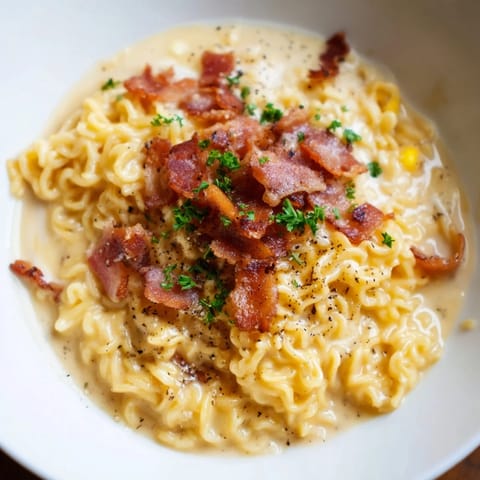 A delicious bowl of homemade Instant Pot Carbonara Ramen, ready to eat with fresh parsley and cheese.