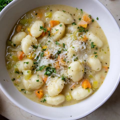 Beautiful, steaming Savory Butternut Squash Gnocchi Soup, garnished with fresh parsley and Parmesan cheese.