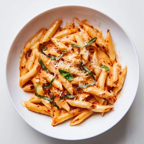Silky red pepper sauce coats the penne in this quick 15-Minute Creamy Red Pepper Pasta recipe.