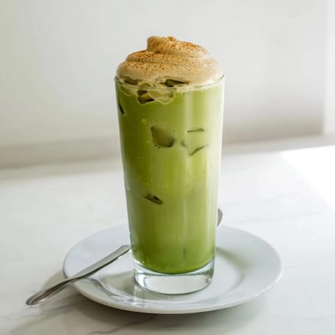 This close-up shows the creamy protein foam topping the beautiful Cinnamon Roll Iced Matcha.