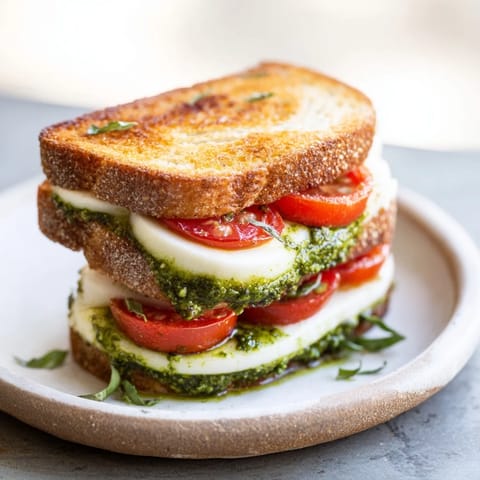 Savory Caprese Pesto Panini-Style Grilled Cheese, ready to be sliced, showcasing the fresh pesto filling.