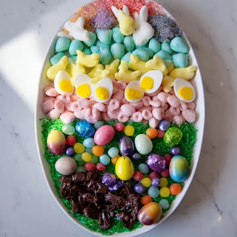Easter-ready egg-shaped candy platter overflowing with colorful chocolates, jelly beans, and festive treats.